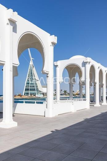 Middle East, Saudi Arabia, Mecca Province, Jeddah. The Al-Ramah mosque on the waterfront of Jeddah.