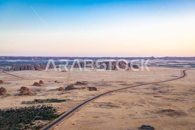Middle East, Saudi Arabia, Medina, Al-Ula. Highway in the Saudi Arabian desert, seen from a hot air balloon.