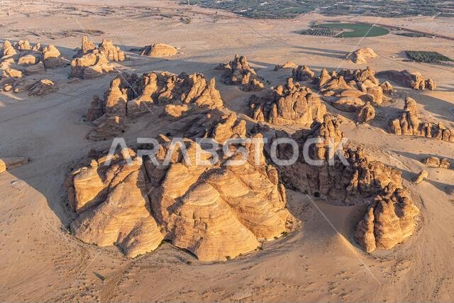 Middle East, Saudi Arabia, Medina, Al-Ula. Rock formations in the Saudi Arabian desert, seen from a hot air balloon.