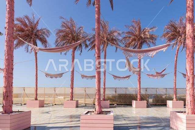 Middle East, Saudi Arabia, Mecca Province, Jeddah. Pink painted palm trees on the waterfront of Jeddah.