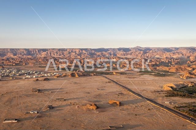 Middle East, Saudi Arabia, Medina, Al-Ula. Highway in the Saudi Arabian desert, seen from a hot air balloon.