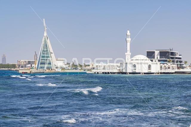 Middle East, Saudi Arabia, Mecca Province, Jeddah. The Al-Ramah mosque on the waterfront of Jeddah. Middle East, Saudi Arabia, Mecca Province, Jeddah. The Al-Ramah mosque on the waterfront of Jeddah.