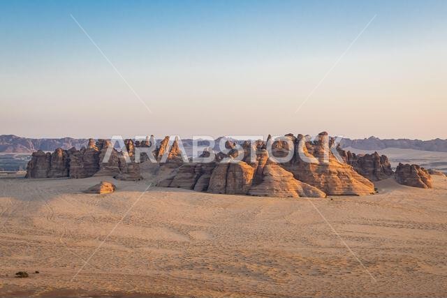 Middle East, Saudi Arabia, Medina, Al-Ula. Rock formations in the Saudi Arabian desert, seen from a hot air balloon.