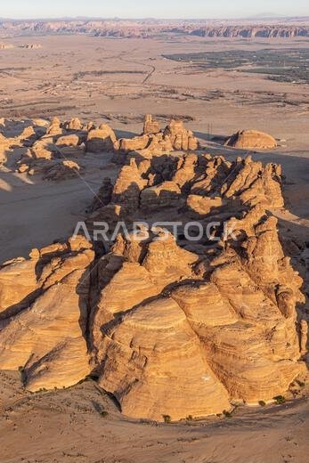 Middle East, Saudi Arabia, Medina, Al-Ula. Rock formations in the Saudi Arabian desert, seen from a hot air balloon.