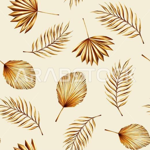 Watercolor seamless pattern with golden pampas grass, date palm branch illustration isolated on background. Botanical and wedding and Ramadan Kareem o