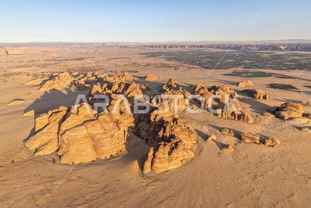 Middle East, Saudi Arabia, Medina, Al-Ula. Rock formations in the Saudi Arabian desert, seen from a hot air balloon.