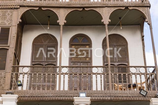 Middle East, Saudi Arabia, Mecca, Jeddah, Al-Balad. Balcony on a Hijazi tower house.