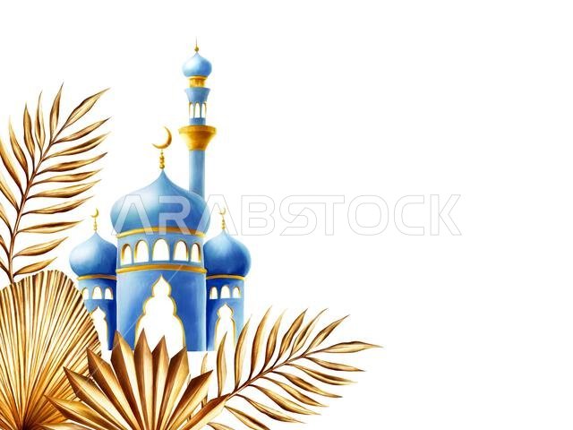 Watercolor Islamic frame with mosque and minaret with crescent moon and golden pampas grass, date palm branch illustration isolated on white backgroun