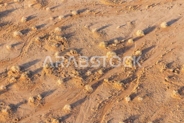 الشرق الأوسط، المملكة العربية السعودية، المدينة المنورة، العلا. منظر طبيعي قاحل في صحراء المملكة العربية السعودية، كما يُرى من منطاد الهواء الساخن.