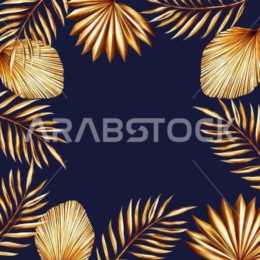 Watercolor frame, template with golden pampas grass, date palm branch illustration isolated on white background. Botanical and wedding and Ramadan Kar