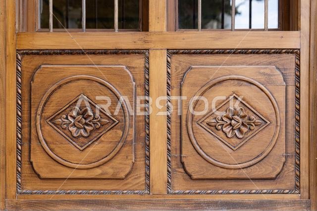 Middle East, Saudi Arabia, Mecca, Jeddah, Al-Balad. Carved wooden door in the Al-Balad historical district.