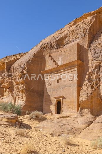 الشرق الأوسط، المملكة العربية السعودية، المدينة المنورة، العلا، الحِجر. آثار منحوتة في الصخر من العصر النبطي في منطقة الحِجر الأثرية.