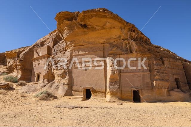 Middle East, Saudi Arabia, Medina, Al-Ula, Hegra. Nabatean rock cut ruins at the Hegra archaeological area. Middle East, Saudi Arabia, Medina, Al-Ula, Hegra. Nabatean rock cut ruins at the Hegra archaeological area.