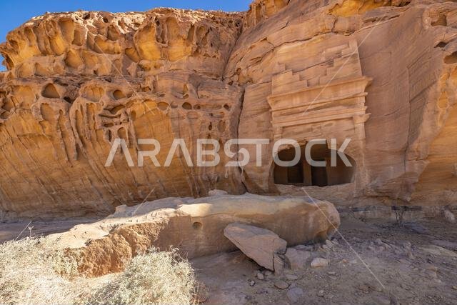 Middle East, Saudi Arabia, Medina, Al-Ula, Hegra. Nabatean rock cut ruins at the Hegra archaeological area.