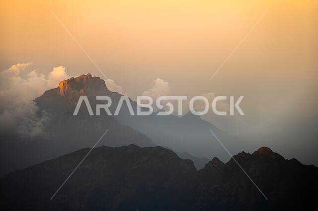 Dramatic and picturesque mountain landscape. Sunrise from Jabal Mareer. The Sarawat Mountains, Saudi Arabia.