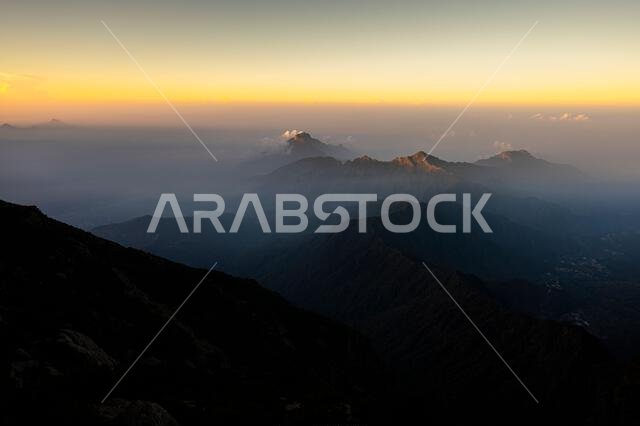Dramatic and picturesque mountain landscape. Sunrise from Jabal Mareer. The Sarawat Mountains, Saudi Arabia.