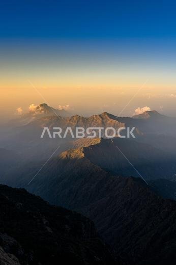 Dramatic and picturesque mountain landscape. Sunrise from Jabal Mareer. The Sarawat Mountains, Saudi Arabia.