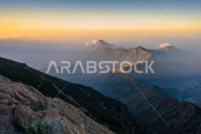 Dramatic and picturesque mountain landscape. Sunrise from Jabal Mareer. The Sarawat Mountains, Saudi Arabia.