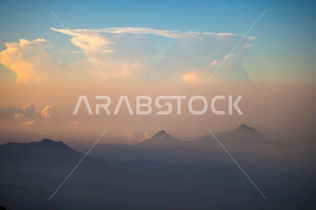 Dramatic and picturesque mountain landscape. Sunrise from Jabal Mareer. The Sarawat Mountains, Saudi Arabia.