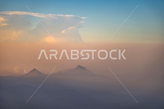Dramatic and picturesque mountain landscape. Sunrise from Jabal Mareer. The Sarawat Mountains, Saudi Arabia.
