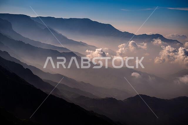 Dramatic and picturesque mountain landscape. Early morning in the Sarawat Mountains, Saudi Arabia.