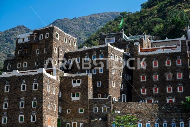 Rijal Almaa, Saudi Arabia - November 26, 2023: View of the central square in the of Rijal Almaa heritage village.