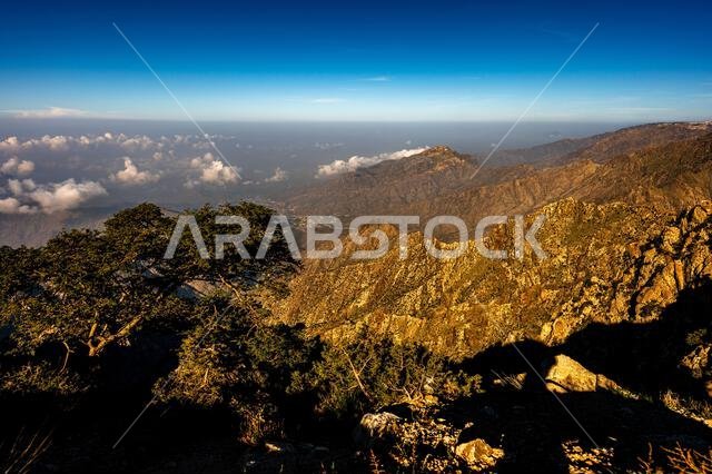 Dramatic and picturesque mountain landscape. Early morning in the Sarawat Mountains, Saudi Arabia.