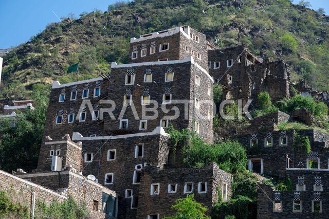 Rijal Almaa, Saudi Arabia - November 26, 2023: View of the central square in the of Rijal Almaa heritage village.