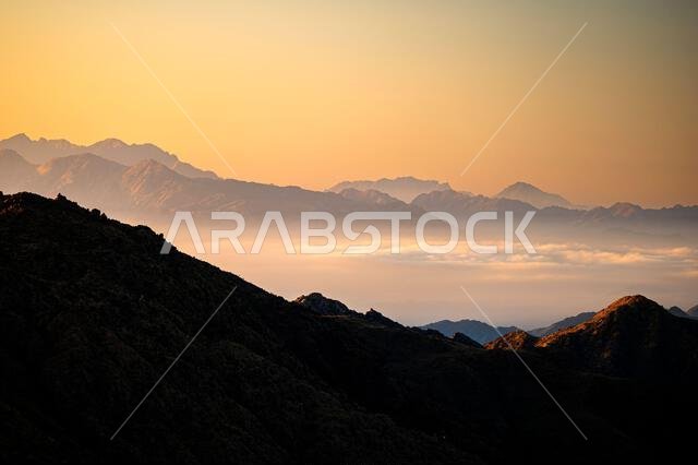 Picturesque landscape of the Asir Mountains at sunrise, Saudi Arabia.