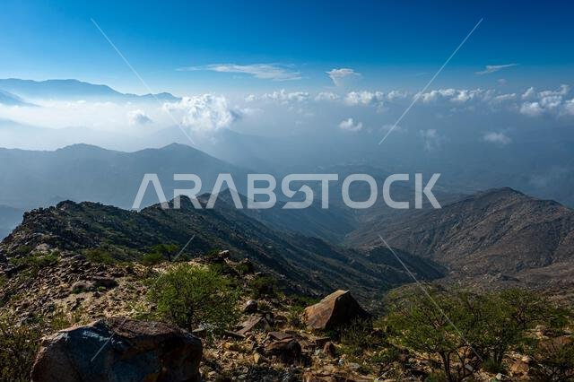 Dramatic and picturesque mountain landscape. Early morning in the Sarawat Mountains, Saudi Arabia.