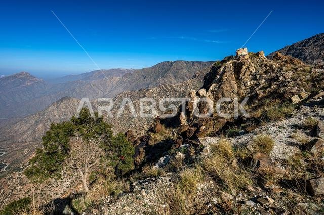 Dramatic and picturesque mountain landscape. Early morning in the Sarawat Mountains, Saudi Arabia.