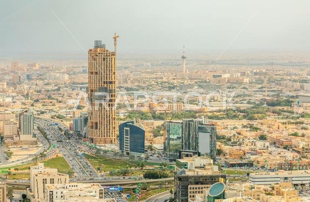 Aerial panorama of residential areas of Riyadh city with tv tower in the background, Al Riyadh, Saudi Arabia