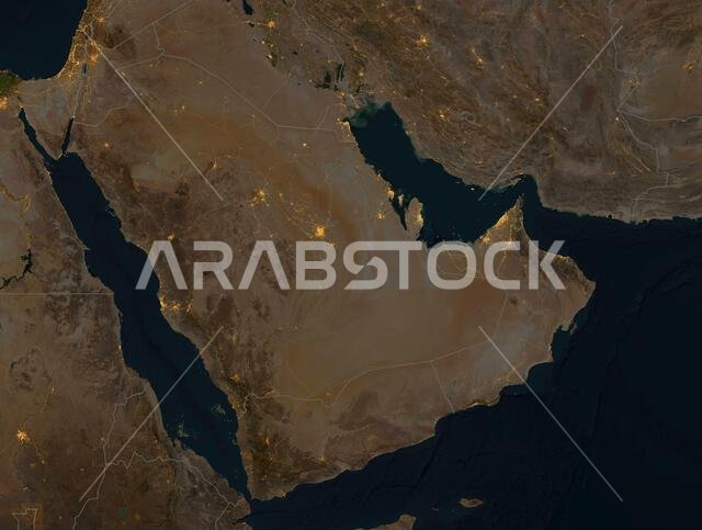 Night satellite view of the Arabian Peninsula. Illuminated cities and main roads, national borders. Physical map with reliefs. Nasa element