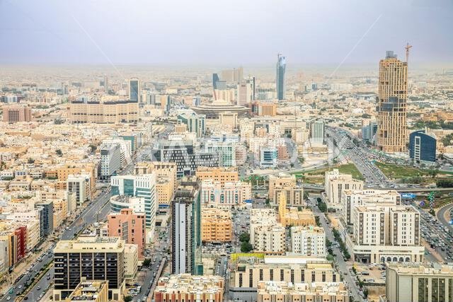 Aerial large panorama of downtown and outskirts of Riyadh city, Al Riyadh, Saudi Arabia