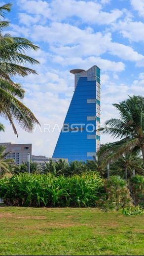 View of Jeddah skyscrapers from the public beach.