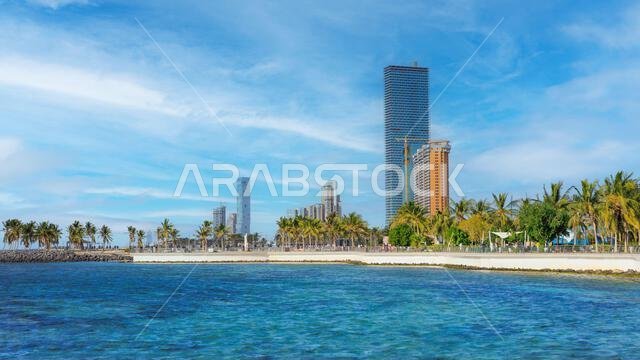 View of Jeddah skyscrapers from the public beach.