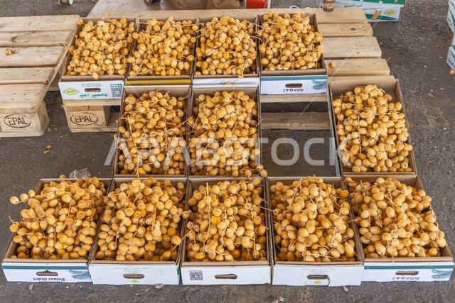 Middle East, Saudi Arabia, Al-Qassim, Buraydah. November 13, 2023. Boxes of dates at a market in Buraydah. November 13, 2023.