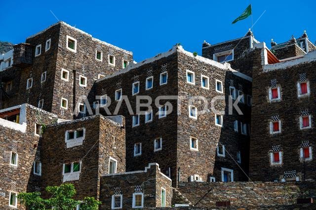 Rijal Almaa, Saudi Arabia - November 26, 2023: View of the central square in the of Rijal Almaa heritage village.