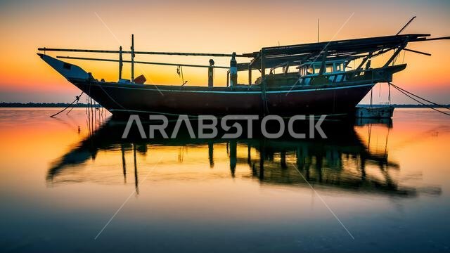 Golden hues paint the tranquil Dammam seaside as boats rest against the morning glow, a serene embrace of nature's beauty in Saudi Arabia.