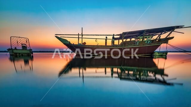 Golden hues paint the tranquil Dammam seaside as boats rest against the morning glow, a serene embrace of nature's beauty in Saudi Arabia.