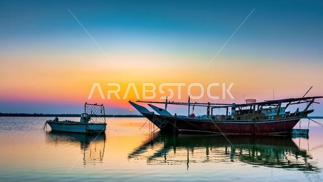 Golden hues paint the tranquil Dammam seaside as boats rest against the morning glow, a serene embrace of nature's beauty in Saudi Arabia.