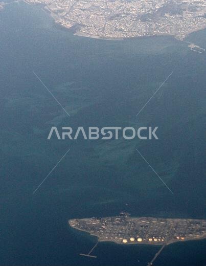 Aerial view of the Saudi coastline near Dammam in Saudi Arabia.