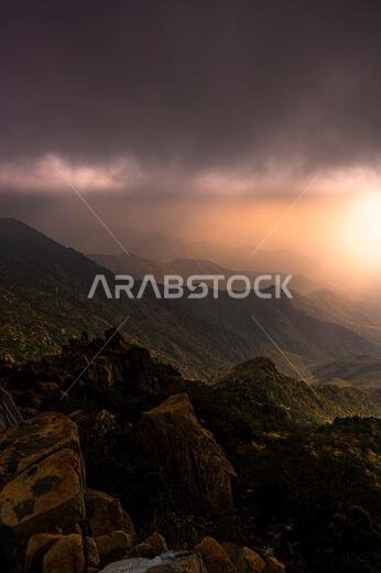 Dramatic and picturesque mountain landscape. Sunset from Jabal Mareer. The Sarawat Mountains, Saudi Arabia.