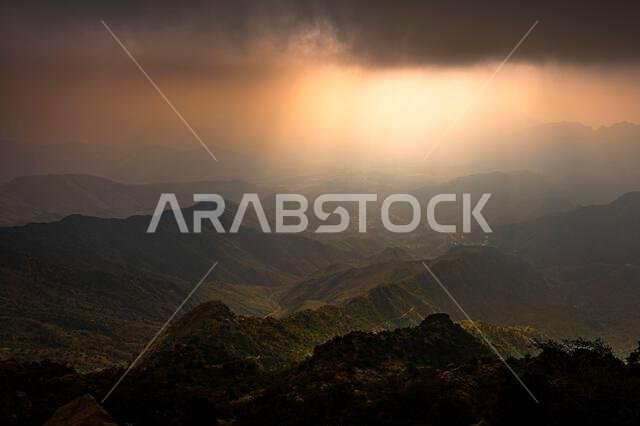 Dramatic and picturesque mountain landscape. Sunset from Jabal Mareer. The Sarawat Mountains, Saudi Arabia.