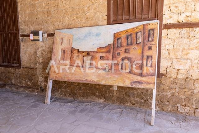 Middle East, Saudi Arabia, Tabuk, Duba. November 16, 2023. Painting of old buildings in Duba. November 16, 2023.