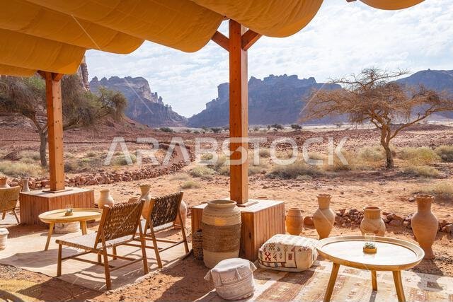 Middle East, Saudi Arabia, Medina, Al-Ula. November 18, 2023. Cafe at the Dadan visitor center, site of an ancient kingdom.