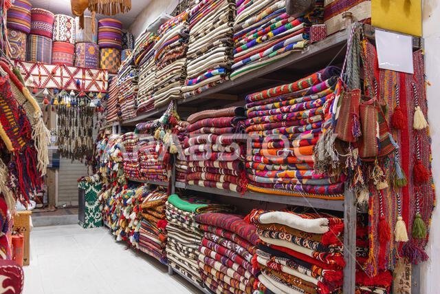 Middle East, Saudi Arabia, Riyadh, Al-Dirah. November 11, 2023. Carpets and blankets at the Souq Al-Zal.