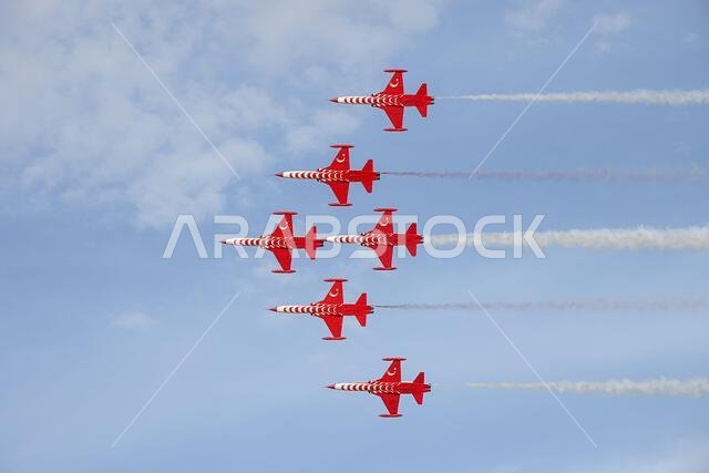 The Turkish Stars, the aerobatic demonstration team for the Turkish Air Force, preforms during the Saudi World Defense Show at an undisclosed location in the Central Command area of responsibility, Feb. 5, 2024. As part of a comprehensive approach to complex security challenges within U.S. Central Command’s area of responsibility, U.S. forces works closely with regional allies and partners to develop capabilities which promotes the collective development of air power to address regional security