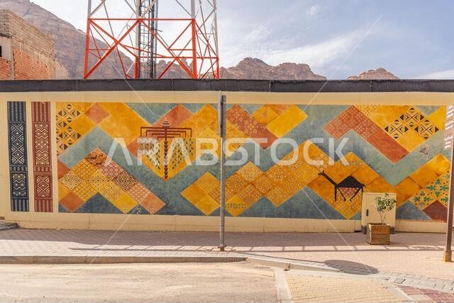 Middle East, Saudi Arabia, Medina, Al-Ula. November 18, 2023. Colorful mural in old town Al-Ula. November 18, 2023. Middle East, Saudi Arabia, Medina, Al-Ula. November 18, 2023. Colorful mural in old town Al-Ula. November 18, 2023.
