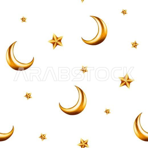 Watercolor seamless pattern with Islamic arabian golden crescent moons and stars on illustration isolated on background. Muslim golden hand drawn holi Watercolor seamless pattern with Islamic arabian golden crescent moons and stars on illustration isolated on background. Muslim golden hand drawn holi